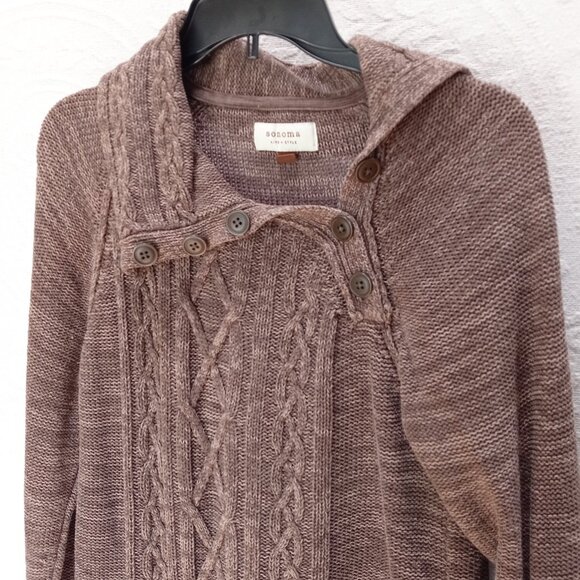 Brown Sonoma Fisherman Style Cable Knit Half Button Wide Fold Collar  LG (T-387) - Picture 5 of 11